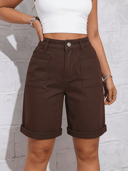 Women's Elegant Coffee Brown Stretch Denim Capri Pants