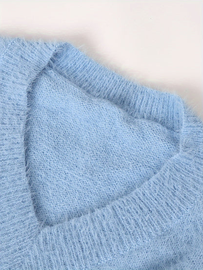 Plus Size - Women'S Cozy Yellow V-Neck Sweater with Pearl Buttons & Fleece-Lined Cuffs - Asymmetrical Hem, Geometric Pattern, Casual Winter Pullover for Casual Attire, Winter Apparel | Vneck Sweater | Pearl Button Details, Sw