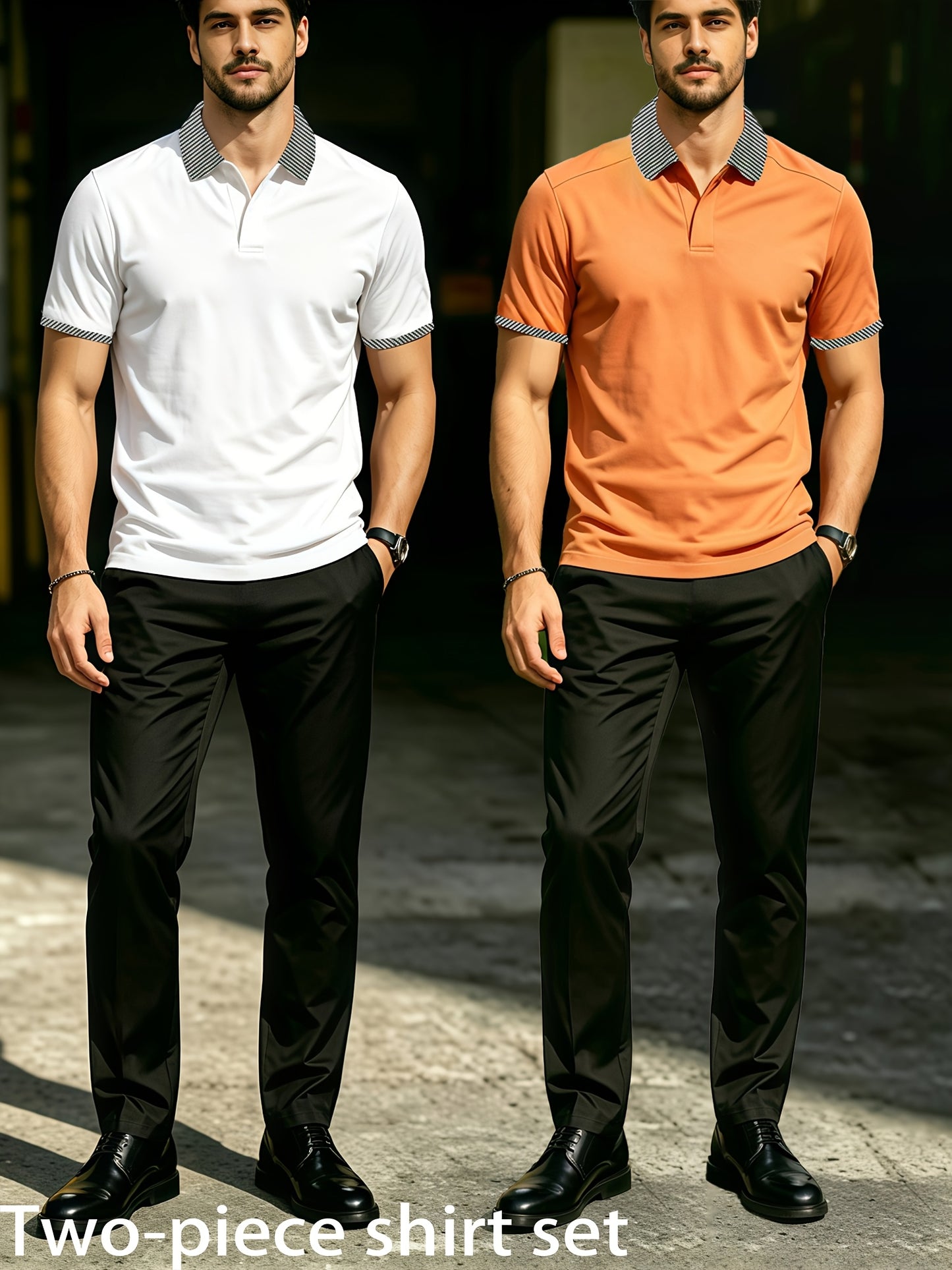 Men's Summer Plaid Collar Polo & Black Pants Casual Set