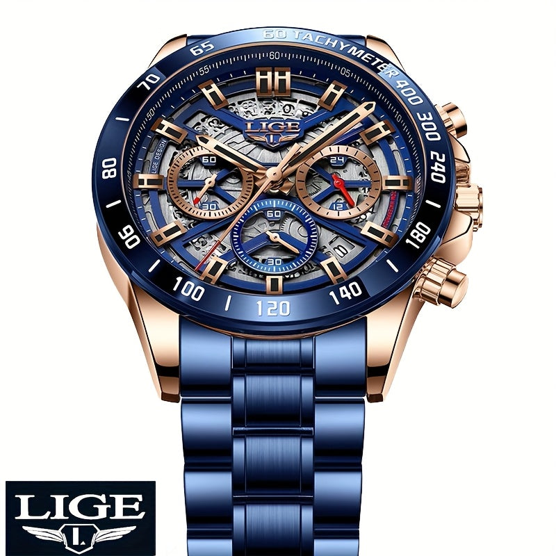 LIGE Watch, Fashion Teen Men's Watches, Multifunctional Stainless Steel Quartz Watches, Waterproof Watches, for Sports, College Various Scenes, Holiday Gifts, Party Gifts, Birthday Gifts, Black Blue Watches
