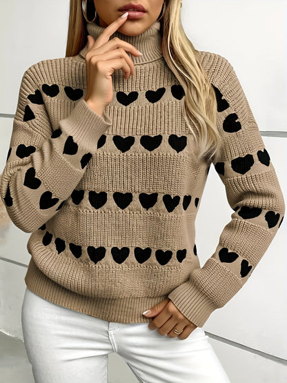 Women'S Cozy Cardigan with Heart Pattern - Long Sleeve, High Neck, Brown, Casual Fall/Winter Pullover, Loose Fit, Geometric Design, Perfect for Casual Attire, Cozy Cardigan, Red Heart Sweatshirt