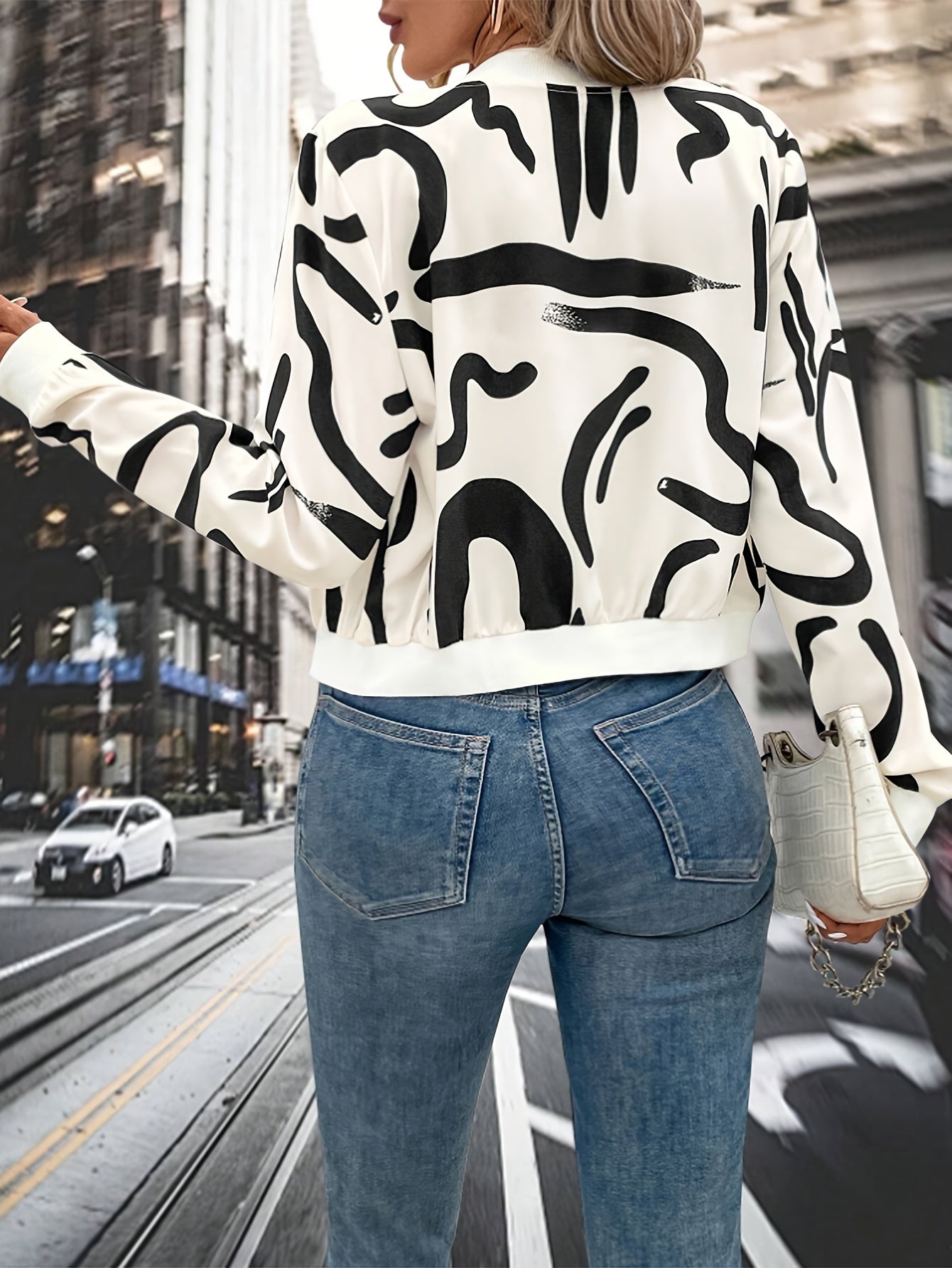Women'S Stylish Black & White Abstract Print Zip-Up Cardigan Jacket - Casual Long Sleeve Pullover with Belted Waist, All-Season Wear, Casual Attire Jacket|Modern Casual Jacket|Zippered Jacket
