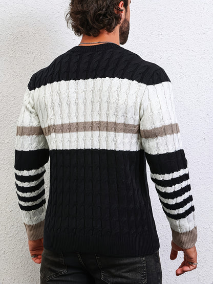 Stylish Color-Blocked Striped Cable-Knit Sweater