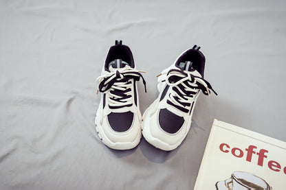 Women's Trendy Chunky Sneakers - Breathable Lace-Up Dad Shoes with Thick PVC Sole, White  Beige Two-Tone Design, Versatile Low-Top Style for Casual Attire