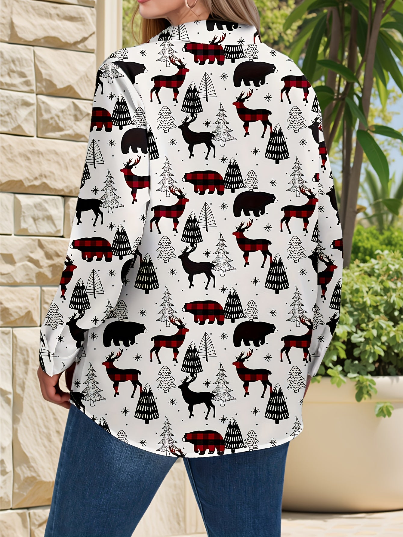 Plus Size, Women's Plus Size Winter Deer & Moose Print Blouse - Long Sleeve Christmas Party Shirt with Collar & Button Front, Red & Black Nordic Winter Pattern, Machine Washable Elegant Casual Holiday Outfits for Christmas &