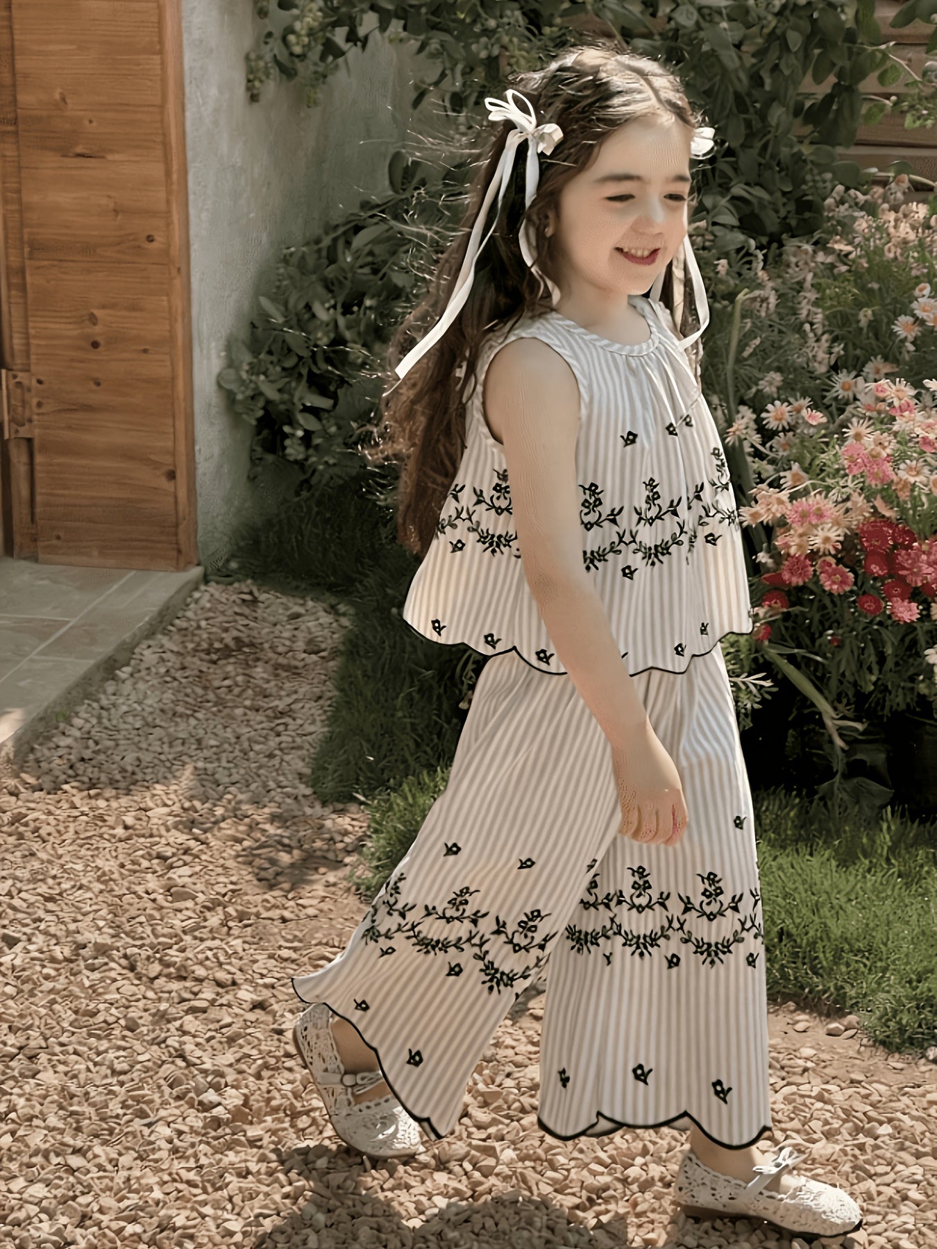 Girls' Retro Floral Striped Sleeveless Top & Wide Leg Pants Set