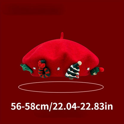 Women's Red Christmas Beret Hat with 3D Christmas Tree Decorations - Elastic Drawstring Closure, Lightweight Warm Winter Hat for Holiday Parties, Photo Shoots, Valentine's & New Year's Eve - Festive Movie-Inspired Fashion Acc