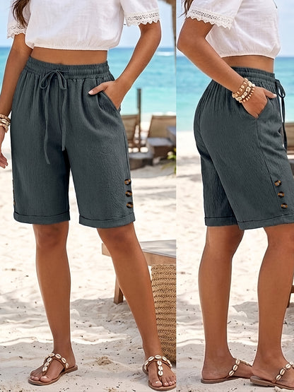 Women's Summer Vacation Solid Color Shorts with Pockets & Drawstring