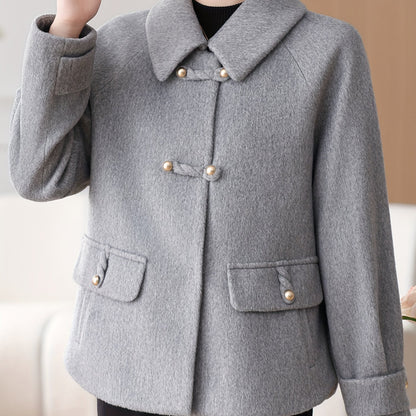 Snow Evening Women's 2025 New Winter Jacket - Short Wool-Blend Tweed Coat for Moms & Seniors, Thickened Warm Collar with Golden Buttons, Elegant Cold-Resistant Outerwear, Hand Washable (Grey/Black) - Professional & Casual Win