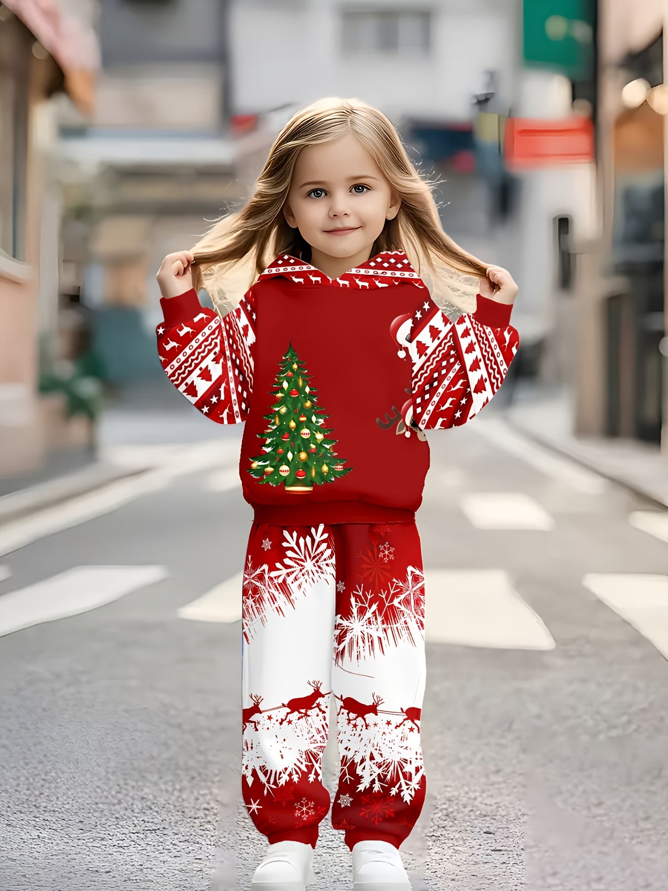 Christmas children's hooded sports outfit, cute girl's spring-autumn casual outfit, suitable as a birthday gift or daily children's clothing set, Perfect for Outdoor