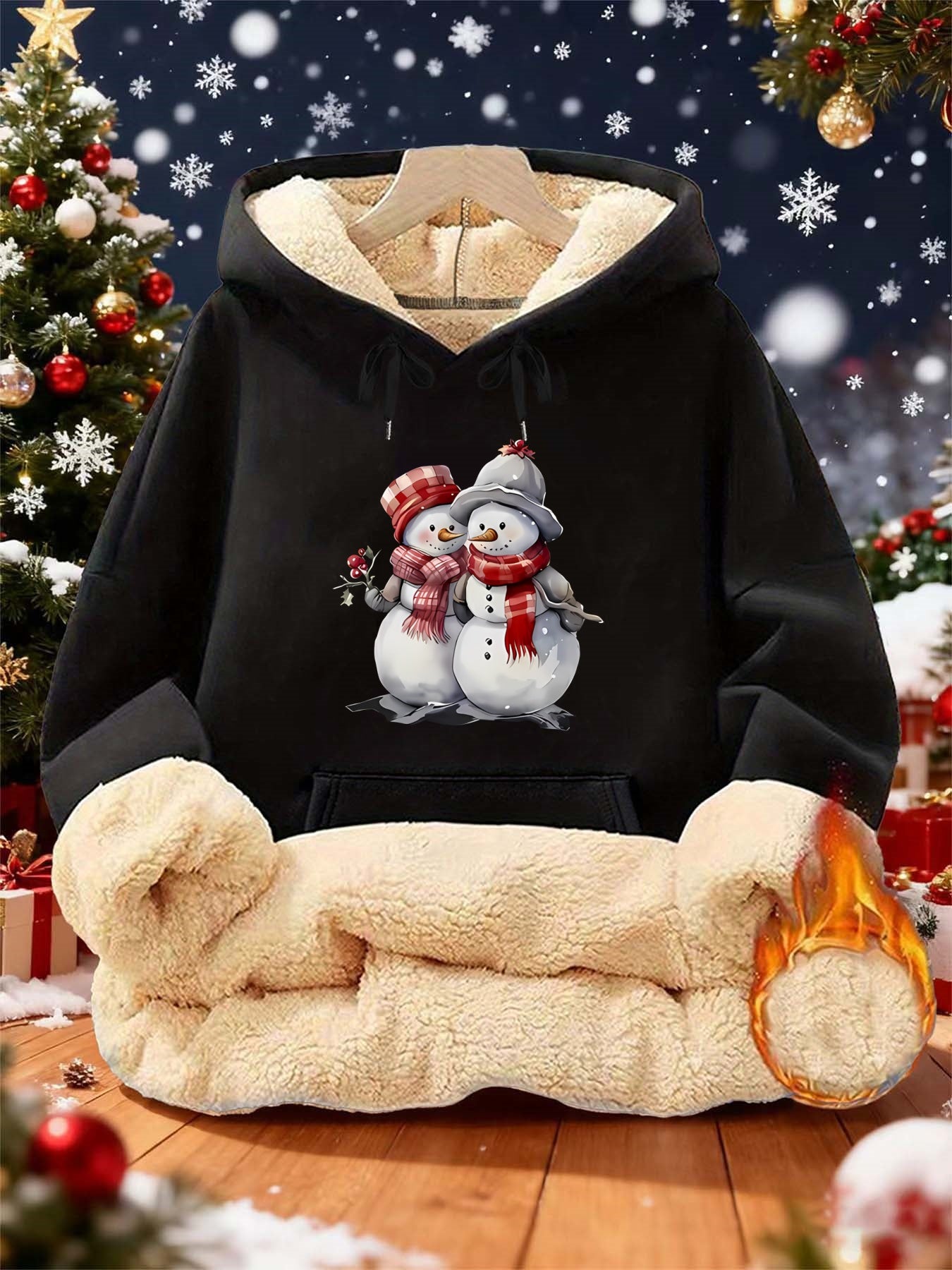 Women'S Winter Warmth Hooded Sweatshirt with Cute Snowman & Snowflake Print - Thick Fleece-Lined Long Sleeve Pullover, Cozy Casual Winter Sweater for Fall & Winter, Winter Sweatshirts, Seasonal Clothing, Playful Design, Soft