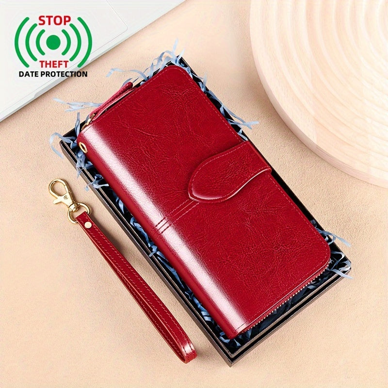 Two-Layer Cowhide Leather Clutch Wallet for Men & Women, Casual Large Capacity RFID Blocking Zippered Hand Purse with Transparent ID Slot and Anti-Theft Brush, Versatile for Going Out