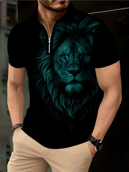 Men's Zip Shirt Short Sleeve Summer Trendy Lion Print Collar T-Shirt Business Casual Slim Fit Men's Top Women's Clothing