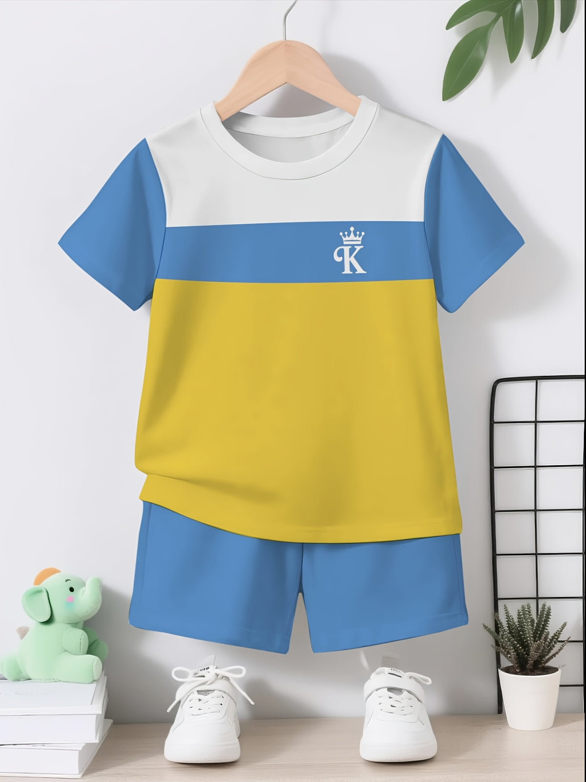 Boys' Casual Summer Short Set with Crown Letter K Print