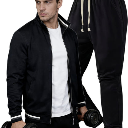 Men'S Pilot Jacket And Casual Pants Set for Spring And Autumn, Featuring a Stylish Ribbed Collar And Available in Three Solid Colors with Straight-Leg Trousers