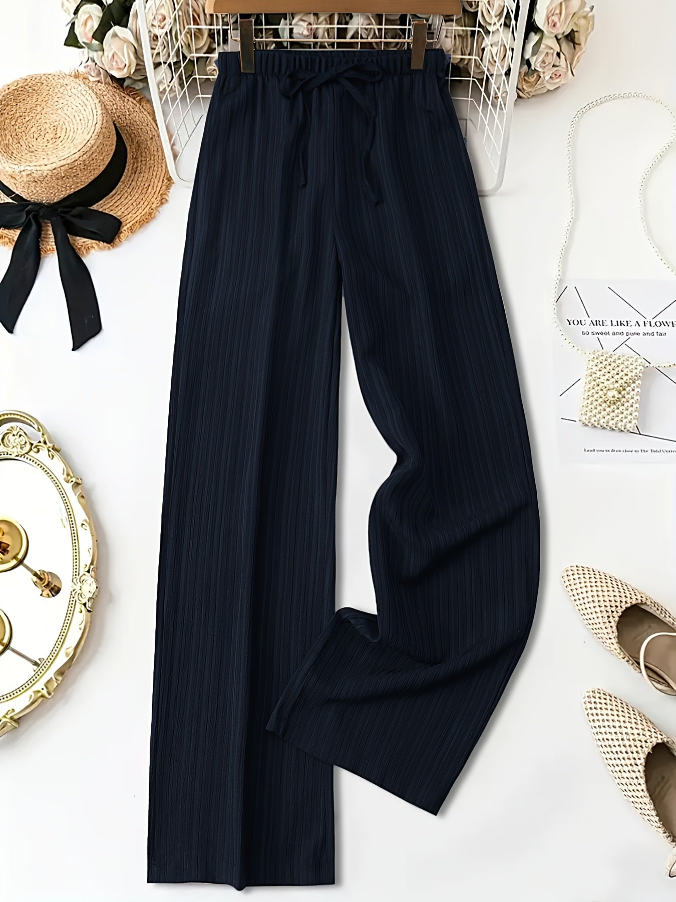 Women's Casual Wide Leg Pants with Elastic Waist and Pockets