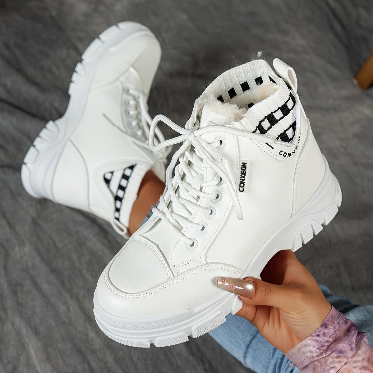 gfhfgjjfg Women's Casual High-Top Platform Ankle Boots with Lace-Up Closure, Thick Rubber Sole & Faux Cover Upper - Winter Warm Round Toe Boots for Casual Attire (Black/White/Beige), Comfortable Footwear, Durable Traction Foo