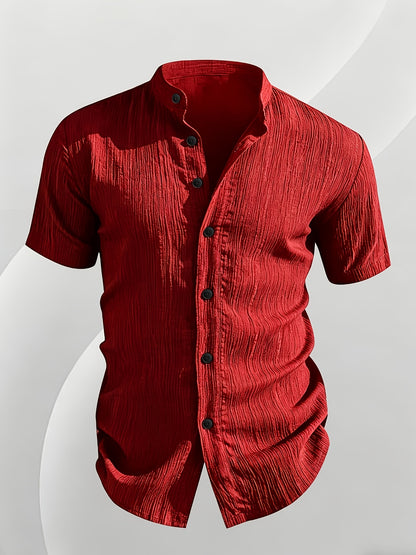 Men's Casual Solid Color Short-Sleeve Shirt with Stand Collar