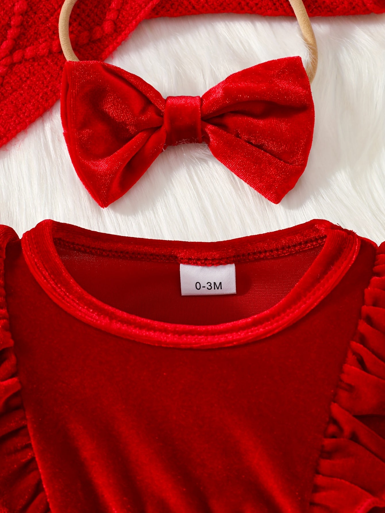 2pcs Golden Velvet Flutter Sleeve Lace Belt Decorated Long Sleeve Bodysuit with Fluffy Skirt + Bow Headscarf Set Autumn and Winter Christmas Cute Party Outfit, for Outdoor