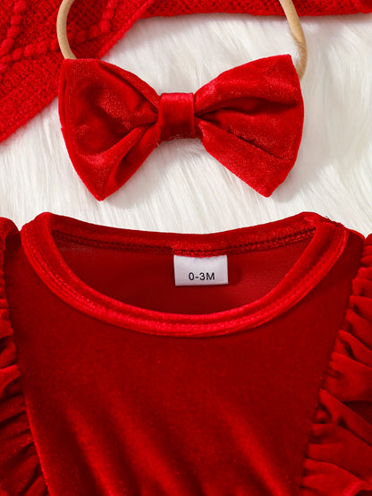 2pcs Golden Velvet Flutter Sleeve Lace Belt Decorated Long Sleeve Bodysuit with Fluffy Skirt + Bow Headscarf Set Autumn and Winter Christmas Cute Party Outfit, for Outdoor