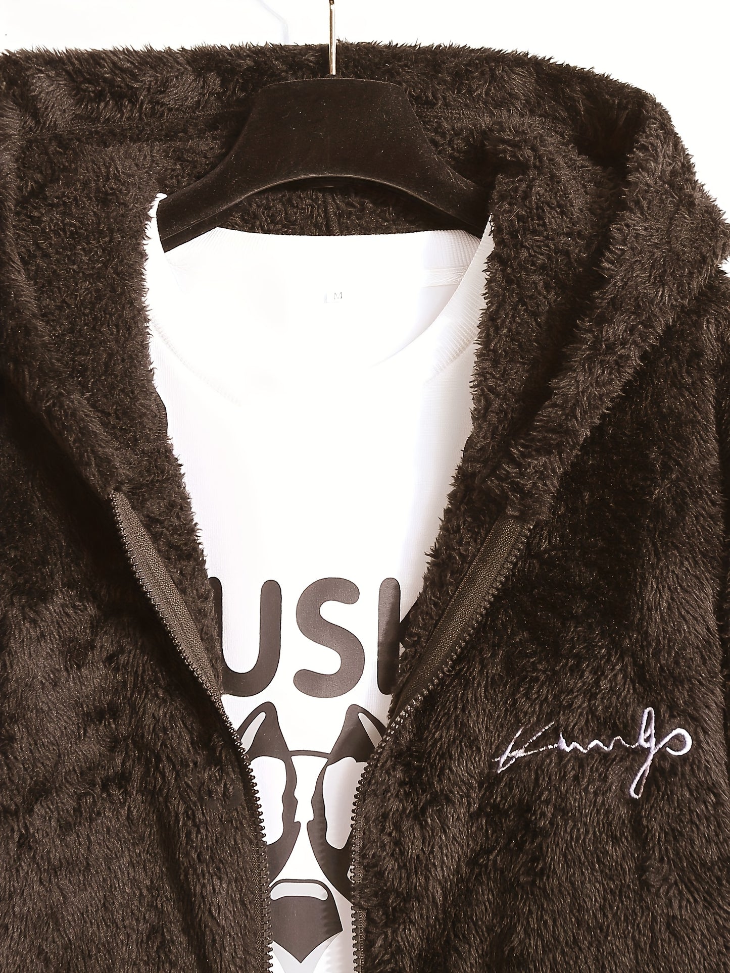 Casual Style] Men's "RELAX" Fleece Hoodie Jacket - Casual Dual-Sided Brown Teddy Coat with Zipper Closure, Long Sleeves for Fall/Winter, Casual Outerwear|Stylish Casualwear|Crafted Embroidery