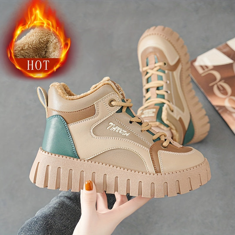 Women's Winter Thermal Snow Boots With Fleece Lining, Height Increasing Platform Thick Sole Comfortable Lace Up Mid Tube Boots
