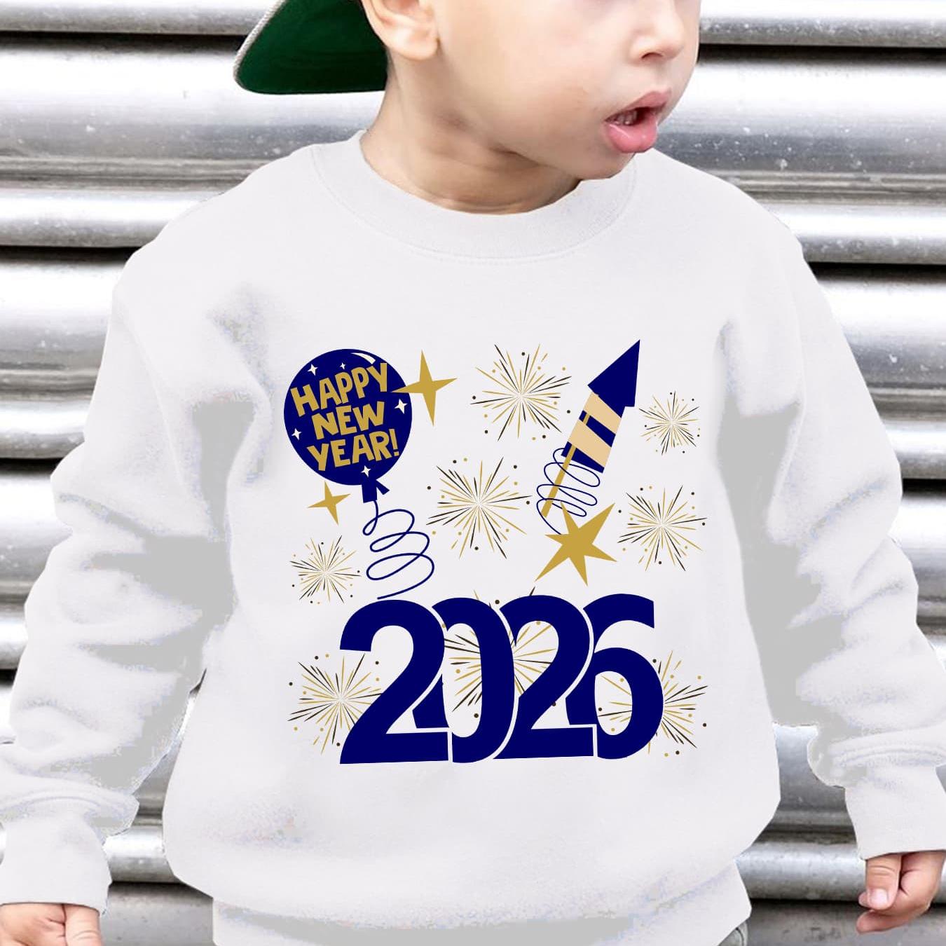 Boys' 2026 New Year Rocket & Fireworks Print Sweatshirt - Winter Warm Long Sleeve Sweater with 2026 Number Design, Casual Round Neck Pullover for Christmas & Parties ( to)