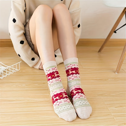 6pcs/3pairs Reindeer Print Thick Socks, Comfortable and Warm Christmas Mid-Calf Socks, Unisex Socks, Christmas Socks, Festive Socks, Cozy Socks, Warm Winter Socks