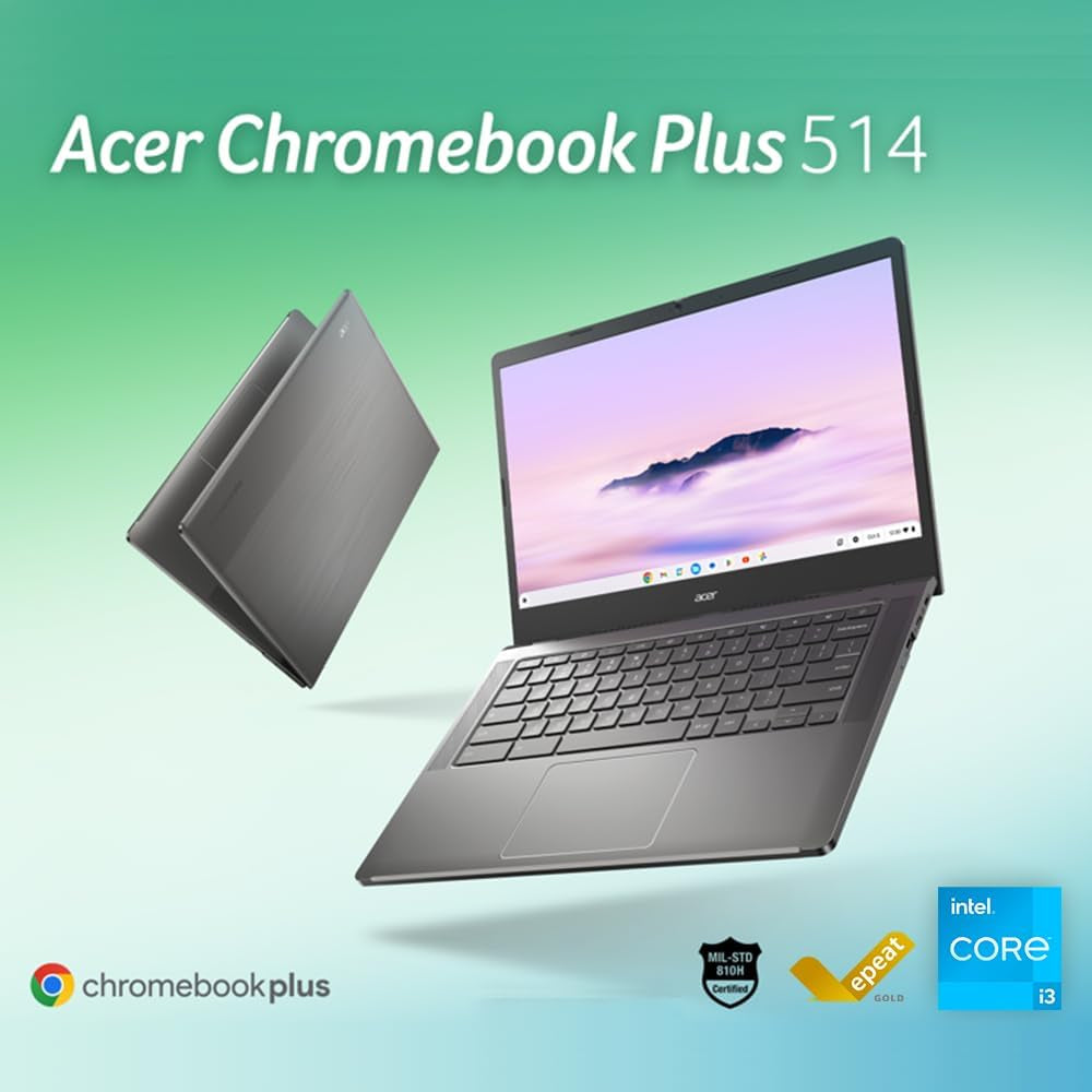 Acer Chromebook plus 514 Laptop with Google AI – 14" Full HD 1920 X 1080 IPS Touch Display | Intel Core I3-N305 | 8GB LPDDR5 | 128GB SSD | Wi-Fi 6E | FHD Camera | Chrome OS | CB514-4HT-375Z