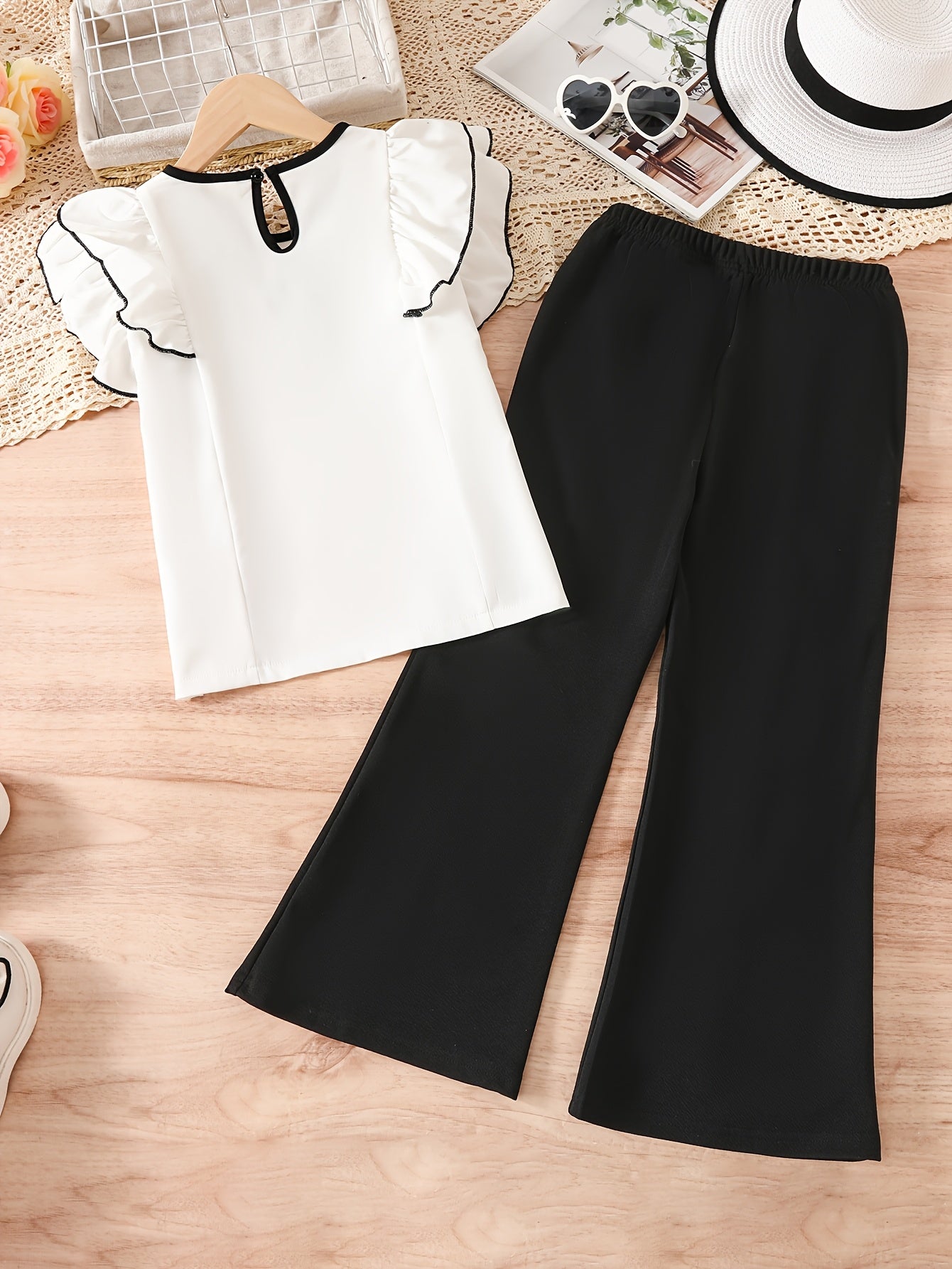 Girls' Summer Fashion Set: White Ruffle Sleeve Bow Top & Black Flared