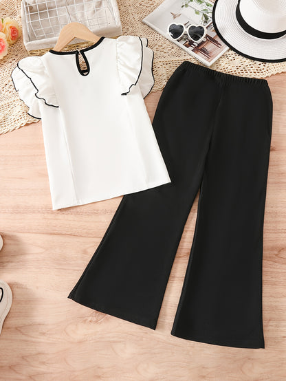 Girls' Summer Fashion Set: White Ruffle Sleeve Bow Top & Black Flared