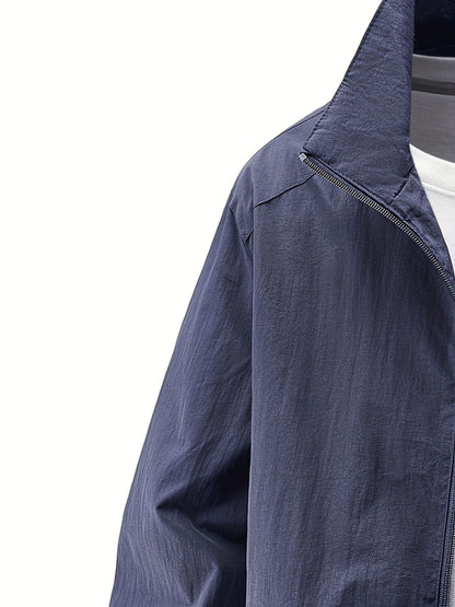 Men'S Olive Green Bomber Jacket with Stand Collar - Casual, Comfortable, Zip-Up Outerwear for Outdoor Activities, Casual Attire|Stand Collar Jacket|Zippered Jacket