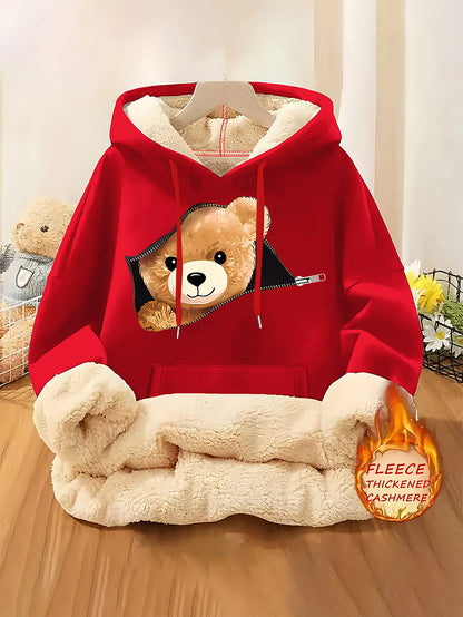 Women'S Plush Fleece-Lined Hooded Sweatshirt with Bear Print & Zipper Closure - Cozy Winter Warmth, / Color Block Design, Soft Fleece Fabric, Casual Pullover for Fall & Winter, Autumn Winter Apparel | Hooded Sweatshirt | Zipp