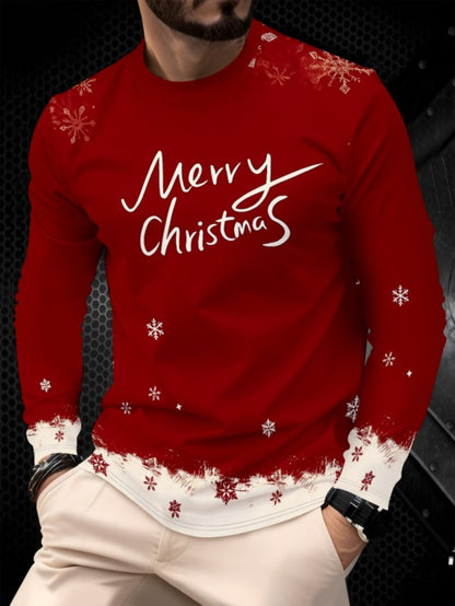 Men'S Christmas 3D Print Long Sleeve T-Shirt - Red & Snowflake & Merry Christmas Lettering, Round Neck Winter Warmth, Casual Holiday Party Outfit, Christmas T Shirt, Seasonal Clothing, Festive Design, Comfortable Fit, Holiday