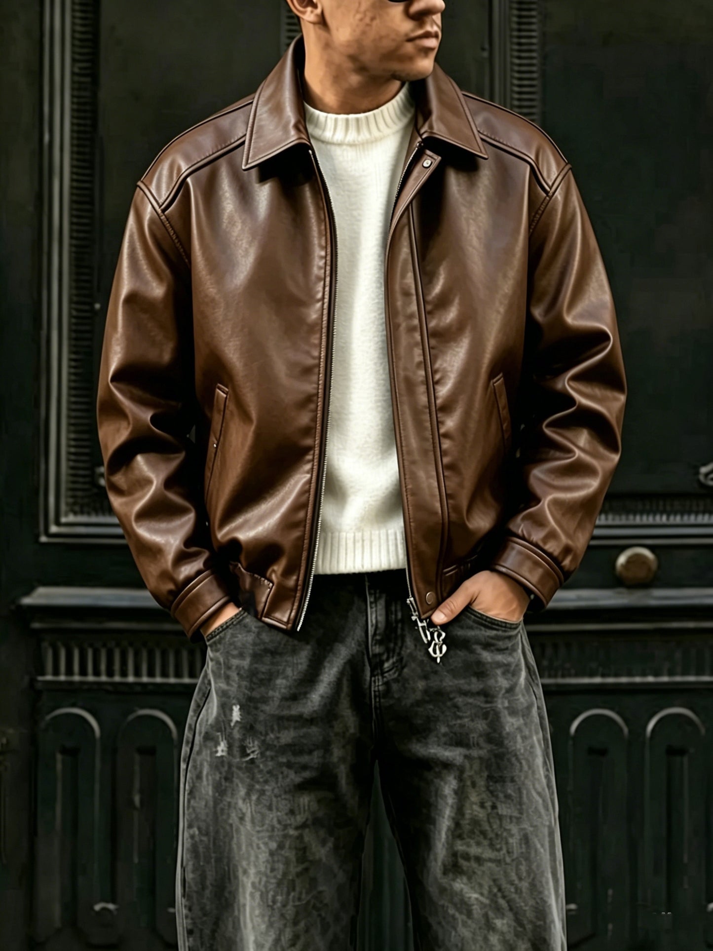 Men's Loose Fit Lapel Workwear Jacket with Snap Closure