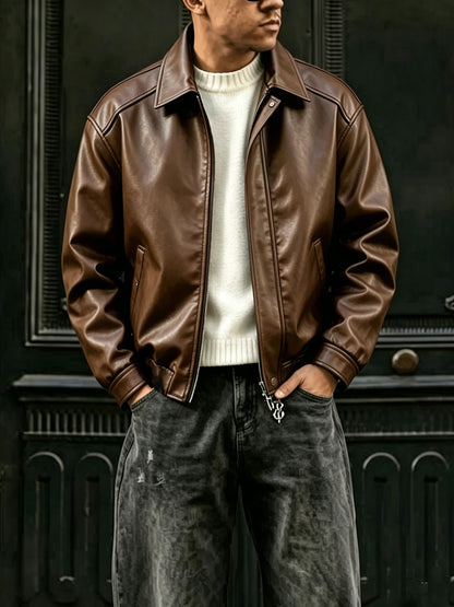 Men's Loose Fit Lapel Workwear Jacket with Snap Closure