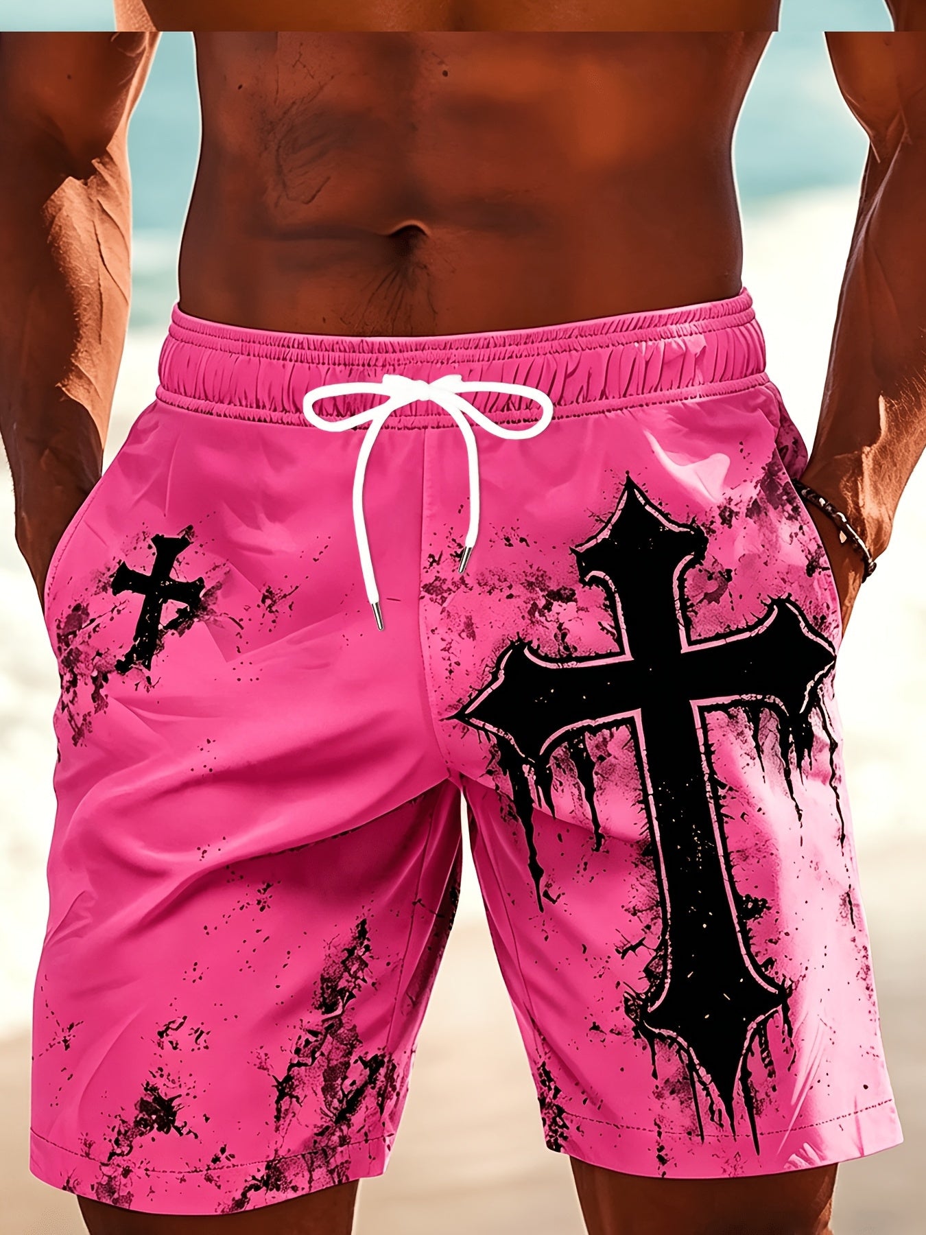 Men's Casual Beach Shorts with Cross Pattern and Drawstring