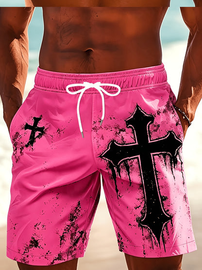 Men's Casual Beach Shorts with Cross Pattern and Drawstring