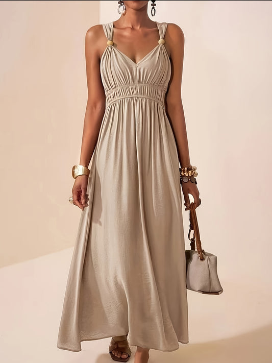 Elegant Summer V-Neck Beaded Sleeveless Waist-Cinching Dress