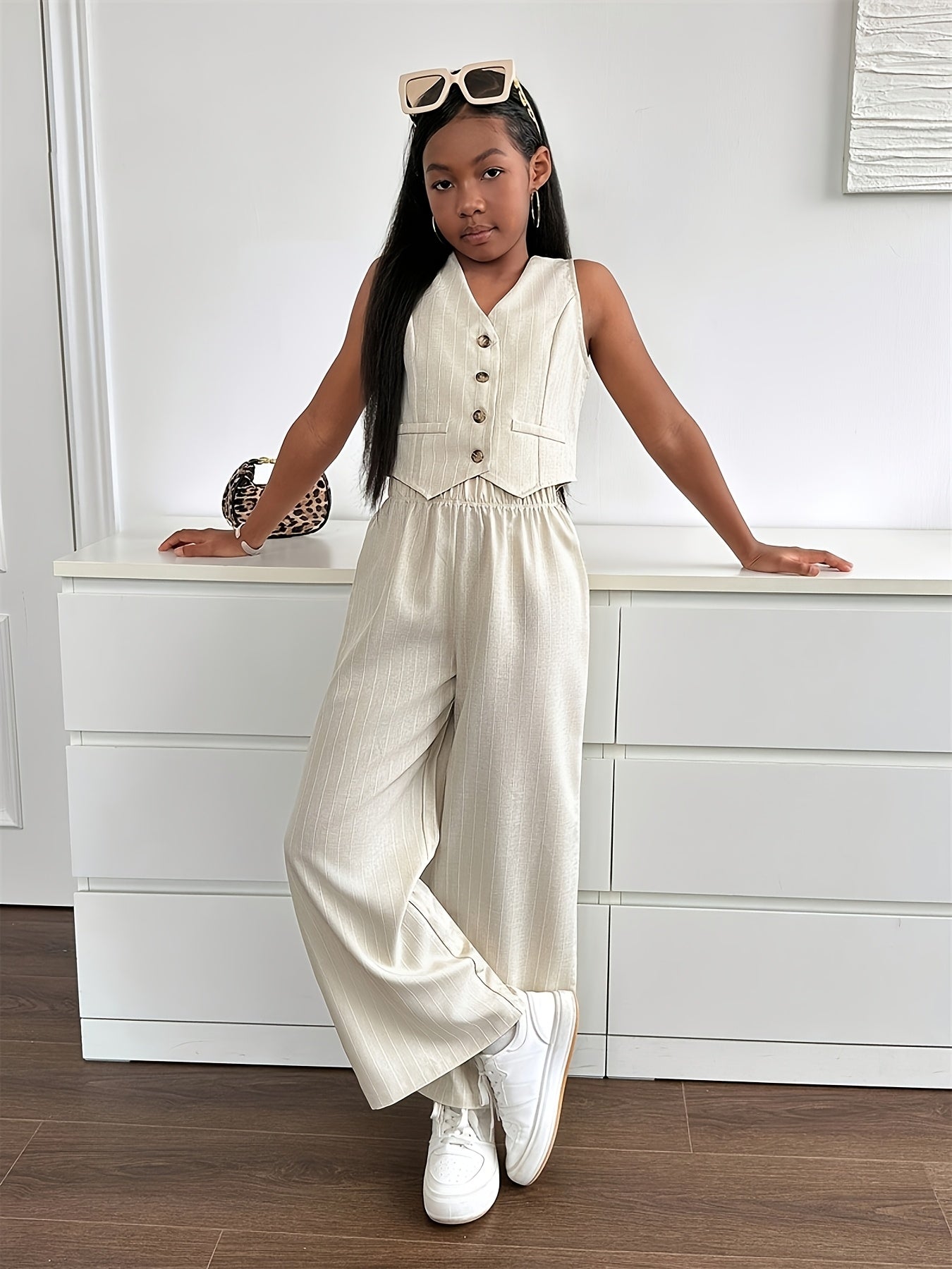 Tween Girls Striped Sleeveless Summer Vest & Pants Set