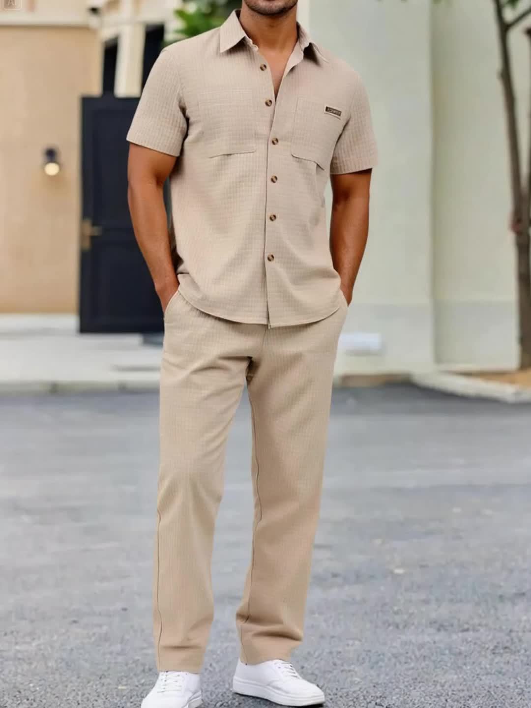 Summer Men'S Casual Bread Pattern Texture Short Sleeve Long Pants Shirt Set, 100% Polyester, Double Pocket Shirt, Turnover Woven Top Can Be Machine Washed and Dry Cleaned