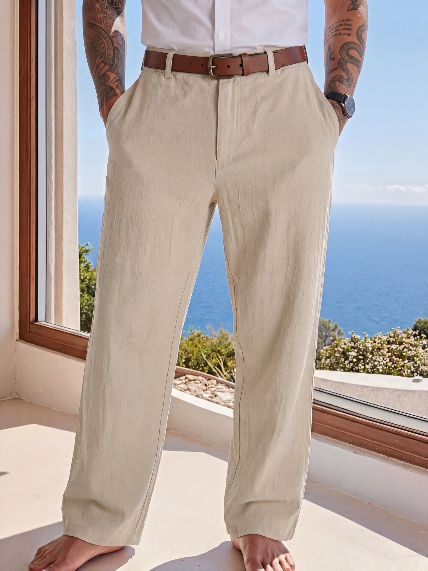 Men's Casual Linen Trousers for Spring and Fall, Straight Fit