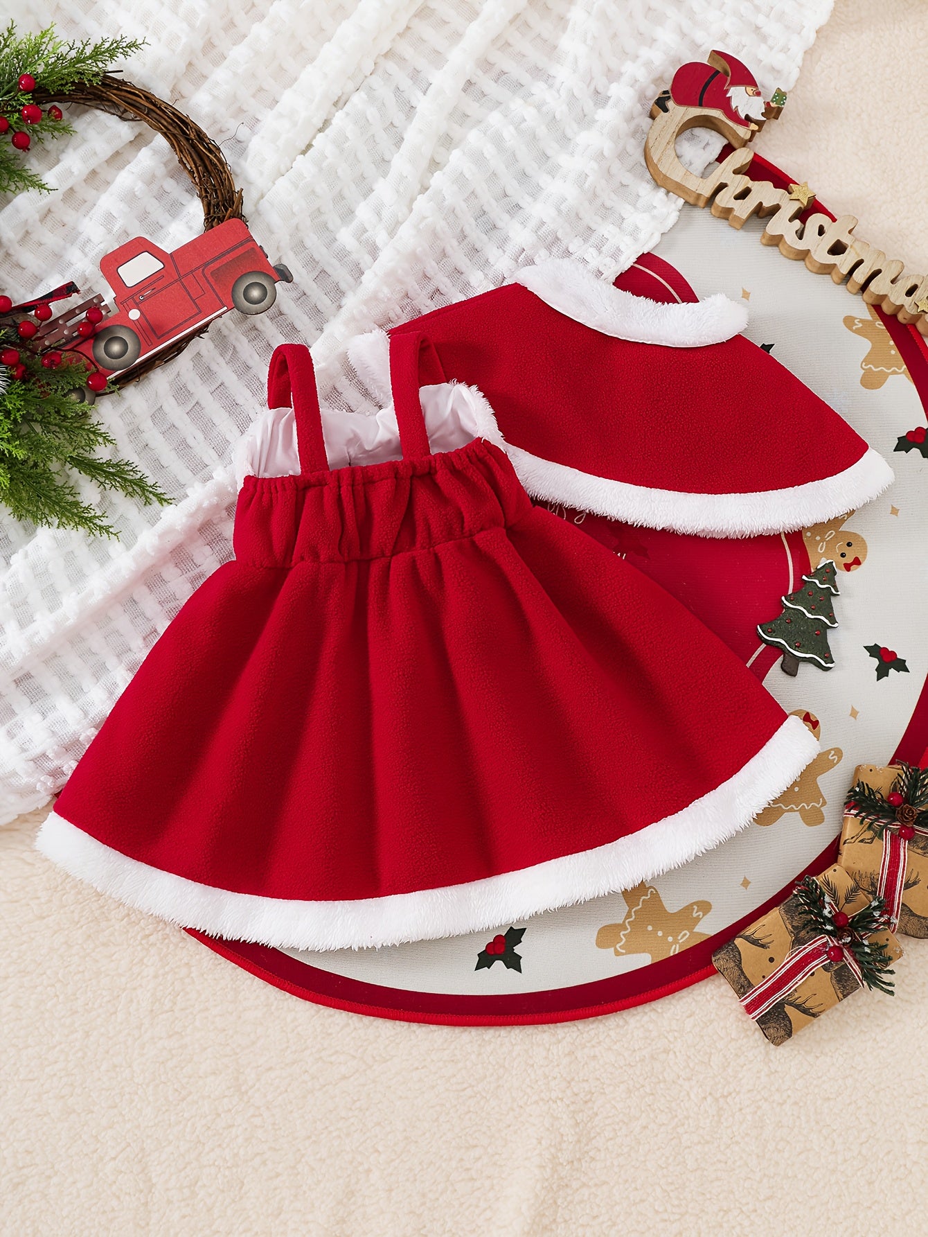 2pcs Girls' Bow Tie Suspender Dress + Shawl Children Christmas Party Gown, Seasonal Clothing, Holiday Dress, Stylish Outfit, Strapless Dress, Durable Dress, Comfortable Material, Shawl Dress, Children's Dress, Fashion
