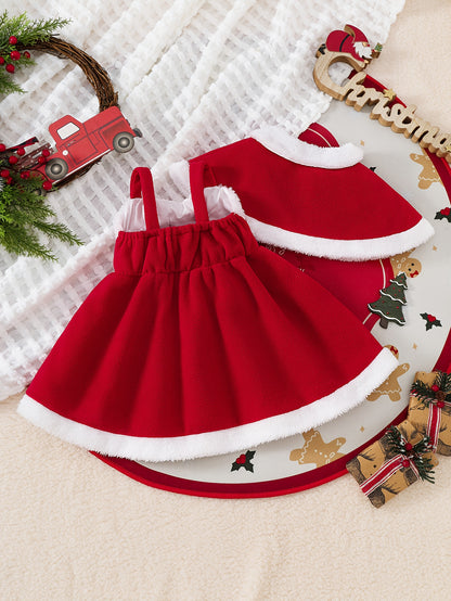 2pcs Girls' Bow Tie Suspender Dress + Shawl Children Christmas Party Gown, Seasonal Clothing, Holiday Dress, Stylish Outfit, Strapless Dress, Durable Dress, Comfortable Material, Shawl Dress, Children's Dress, Fashion