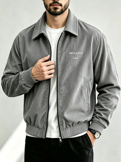 Men's Corduroy Zipper Jacket with Lapel Collar for Spring/Fall