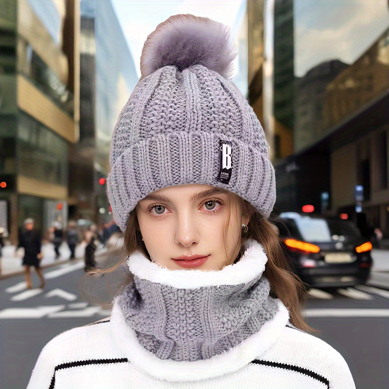 New Year's Acrylic Knit Beanie with Pom-Pom and Matching Scarf Set - Breathable, Elastic, Thermal Knitted Cap and Neck Warmer for Women with Toggle Closure - Hand Washable