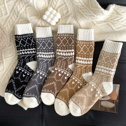 5 Pairs Women's Warm Winter Socks with Ethnic Diamond Pattern