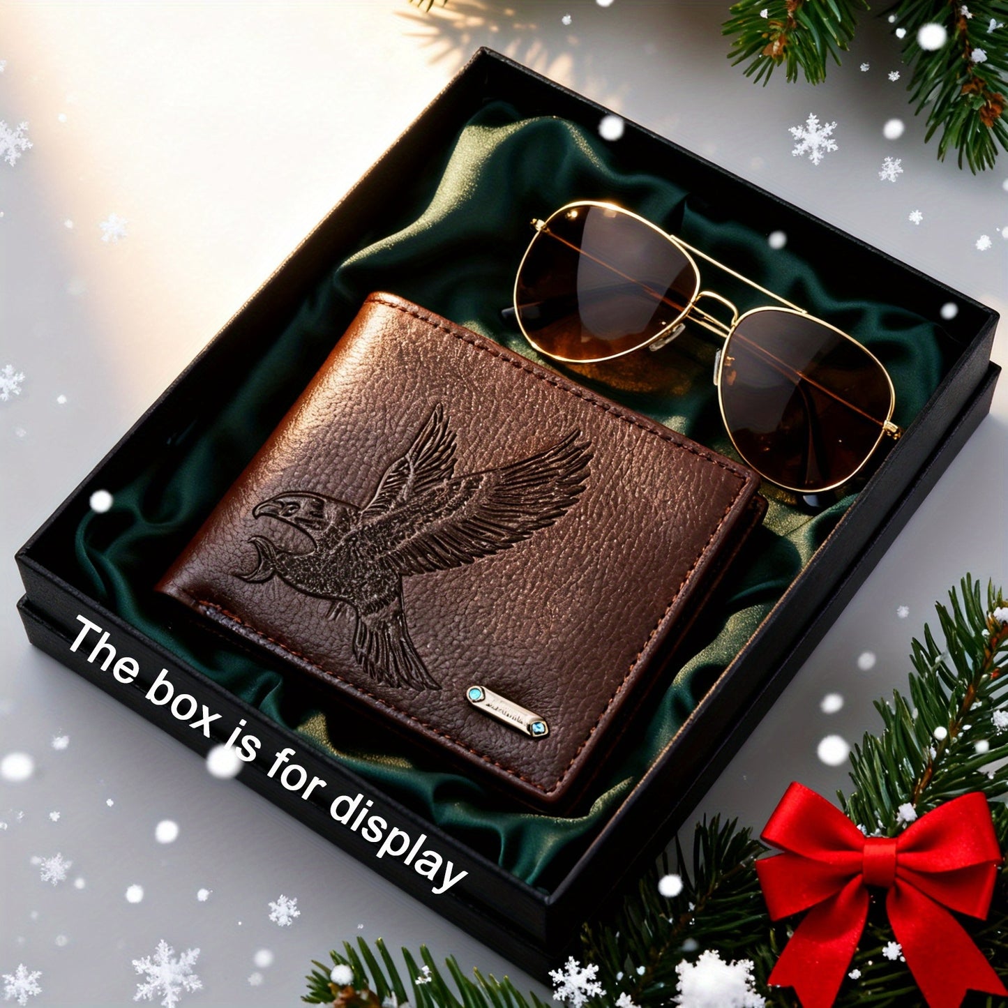 2pcs Men's wallet set with an eagle spreading its wings design, featuring fine embossing and a metal nameplate, paired with stylish glasses to showcase a rugged style, suitable for daily use by mature men or as a holiday gift