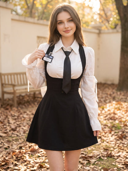 Cute Academic Style Uniform Set with Puff Sleeve Shirt & Suspender Ski