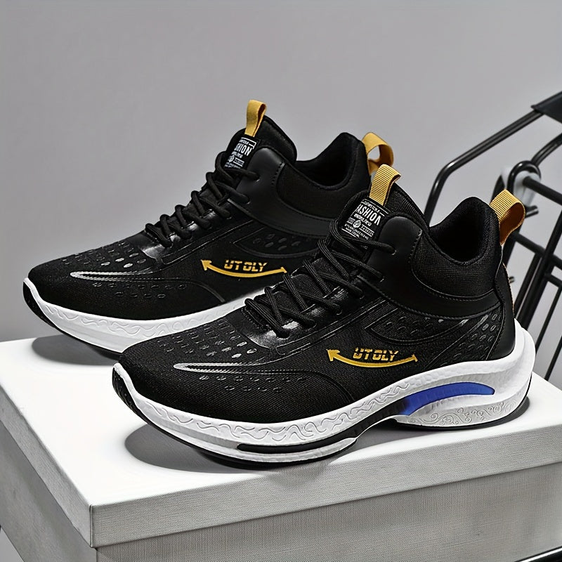 Men'S High-Top Lace-Up Athletic Sneakers - Breathable Fabric, PVC Sole, EVA Insole, Stylish Blue  White Design for Casual and Outdoor Activities, Everyday Sneakers   Sporty Casual Shoes   Durable PVC Sole
